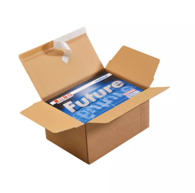 Box with automatic bottom and adhesive strip