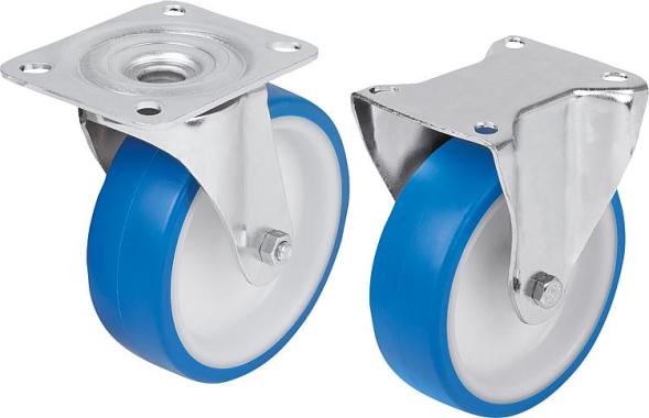 Swivel and fixed castors in sheet steel for sanitary rooms