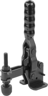 Black steel toggle clamp, vertical with horizontal foot and adjustable pressure pin